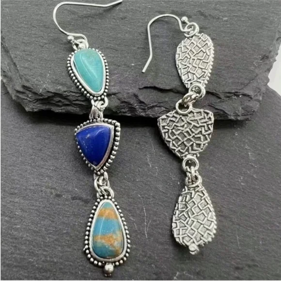 Blue Turquoise Dangle Earrings with Ornate Metalwork - Picture 4 of 6